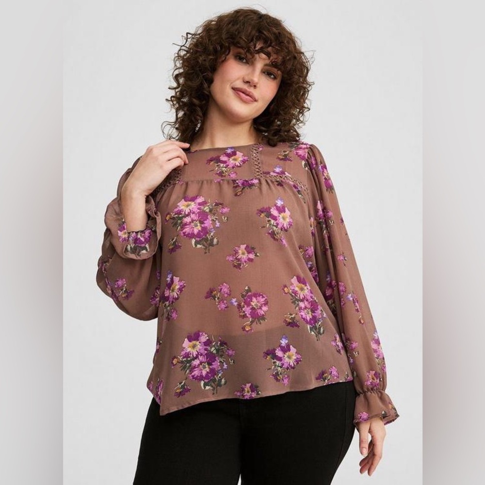 torrid Mauve Brown with Purple Floral Lace Inset Ruffle Sleeve Chiffon Top NWT